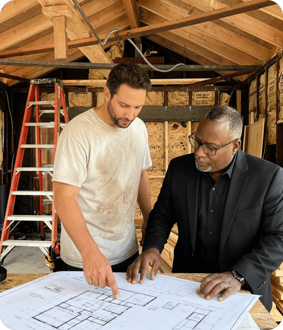 Two men discussing building blueprints